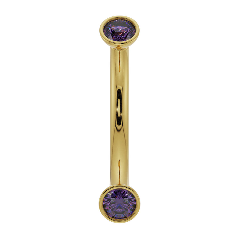 14k yellow gold curved barbell with dual bezel-set amethyst gems, front view