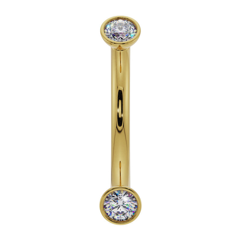 14k yellow gold diamond bezel curved barbell with two round diamonds, front view