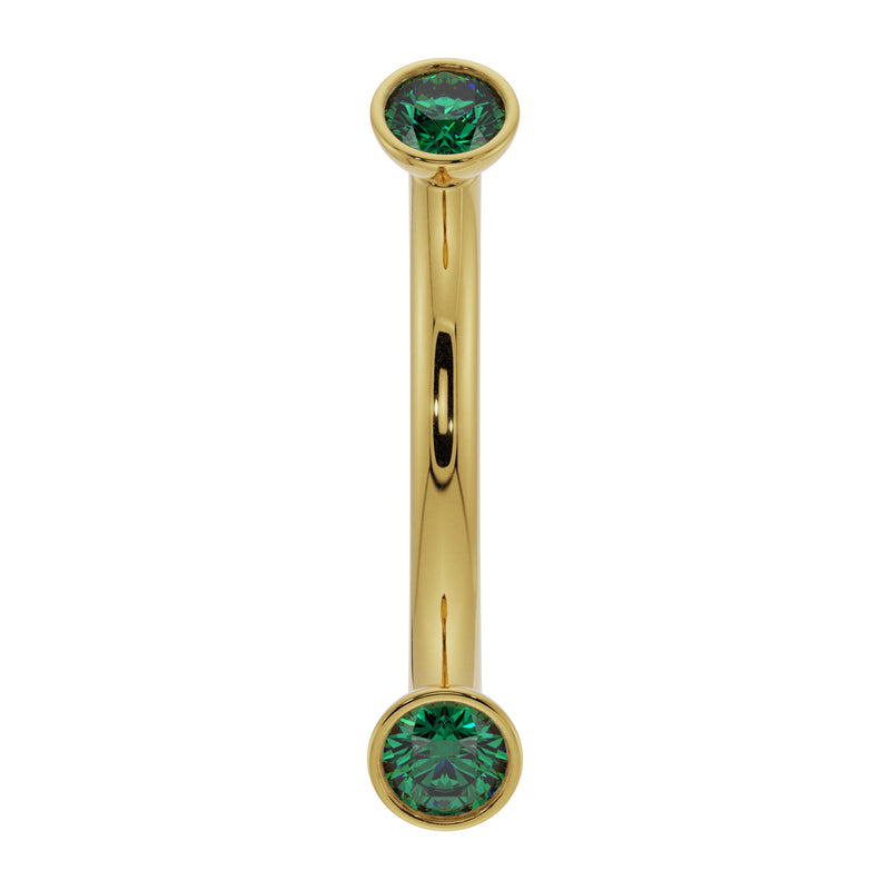 14k yellow gold emerald bezel-set curved barbell with dual round emeralds, front view