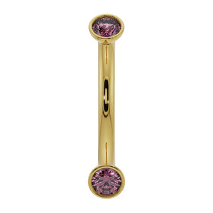 14K yellow gold curved barbell with dual bezel-set pink sapphires, front view