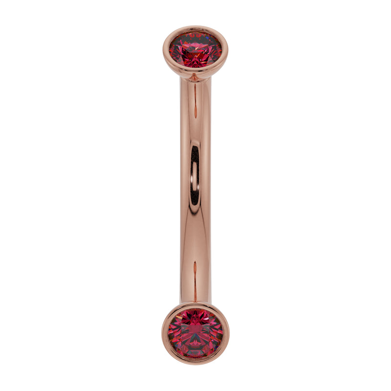 14k rose gold ruby bezel-set curved barbell with dual red ruby ends, front view