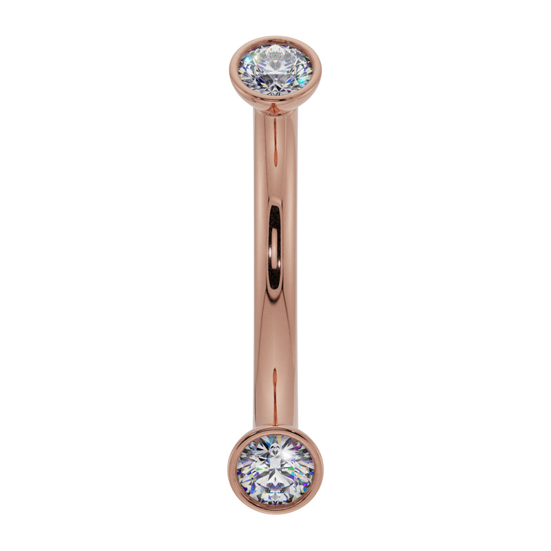 14k rose gold CZ bezel-set curved barbell with two round CZ ends, front view