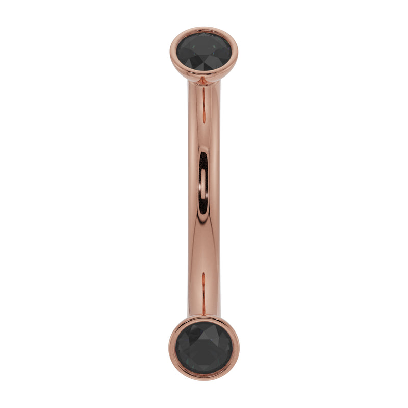 14k rose gold curved barbell with dual bezel-set black diamonds, front view, 16G
