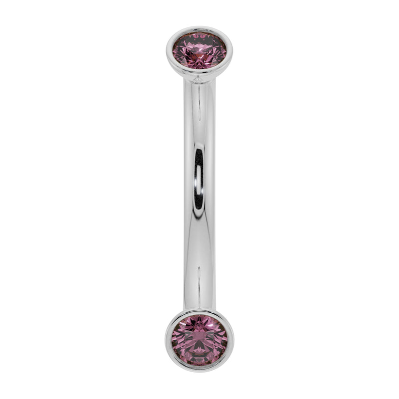 14K white gold curved barbell with dual bezel-set pink sapphires, front view