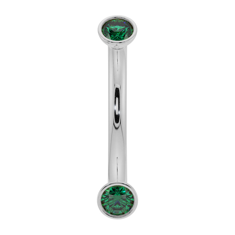 14k white gold emerald bezel-set curved barbell with dual round emeralds, front view