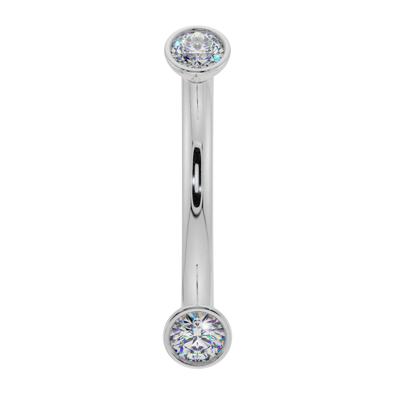 14k white gold diamond bezel curved barbell with two round diamonds, front view