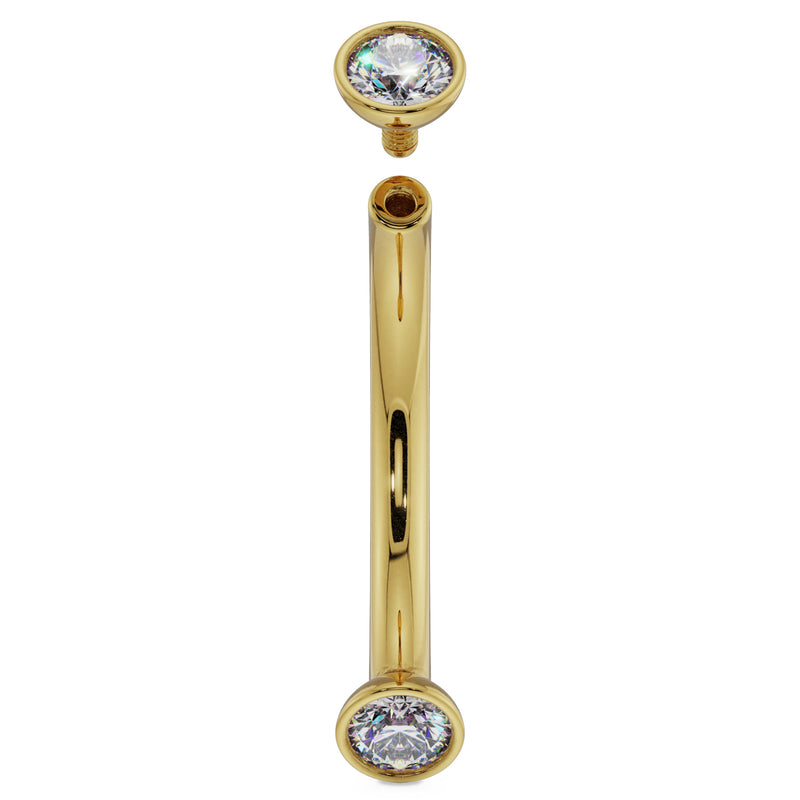14k yellow gold CZ curved barbell shown disassembled with internally threaded end removed
