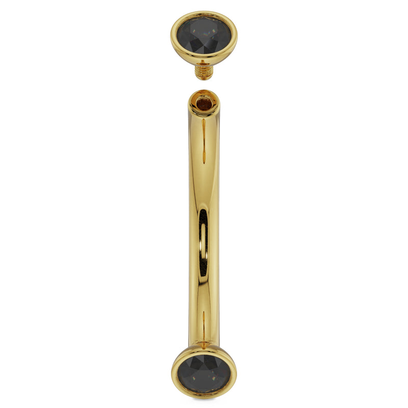 14k yellow gold black diamond curved barbell with top ball removed, showing threaded post