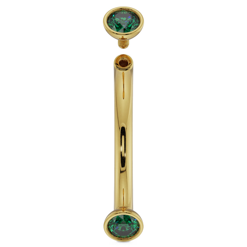 14k yellow gold emerald curved barbell with top ball removed, showing threaded post detail