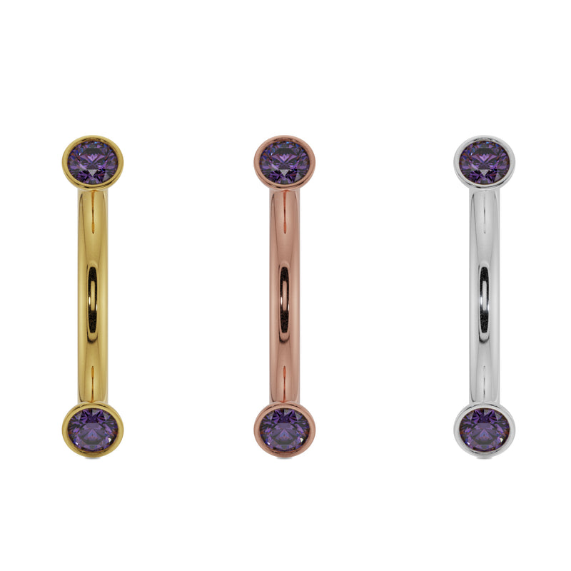 Side-by-side comparison of amethyst curved barbell in yellow gold, rose gold, and white gold