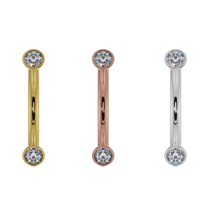 Diamond bezel curved barbell in yellow gold, rose gold, and white gold side-by-side comparison