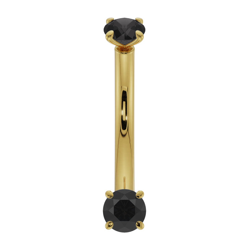 14k yellow gold black diamond prong-set curved barbell, front view with dual prong settings