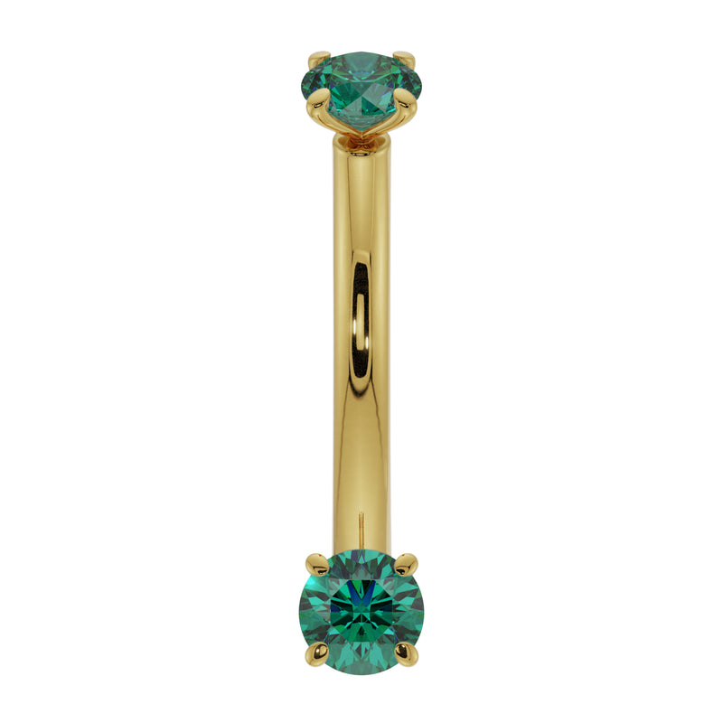 14K yellow gold dainty emerald curved barbell with dual prong-set round emeralds, front view