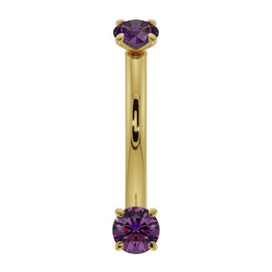 14K yellow gold amethyst prong-set curved barbell, straight-on front view showing dual purple gems