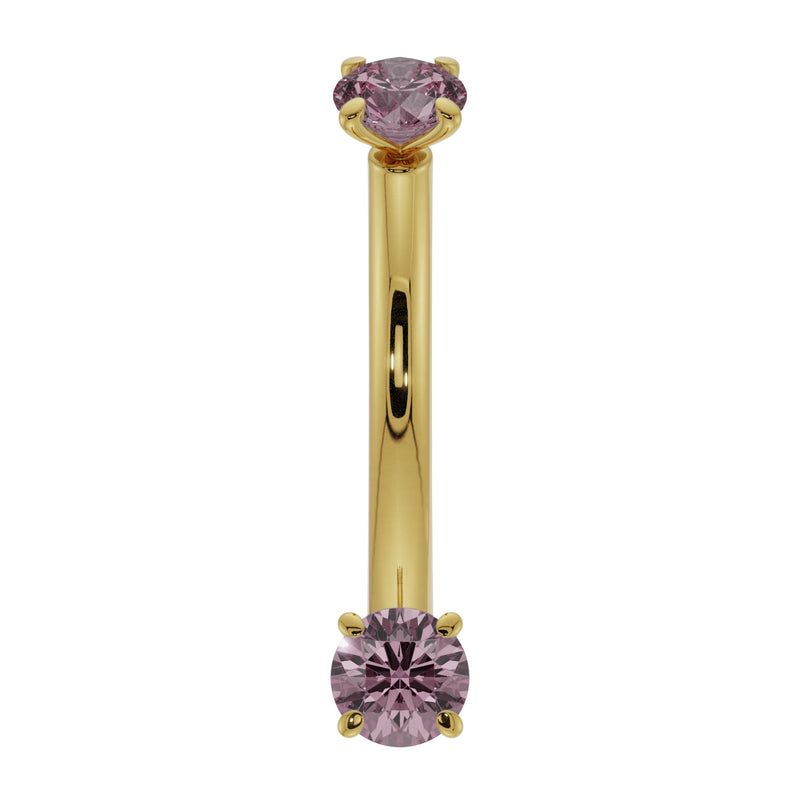 14k yellow gold dual pink sapphire curved barbell, straight-on front view with assembled ends