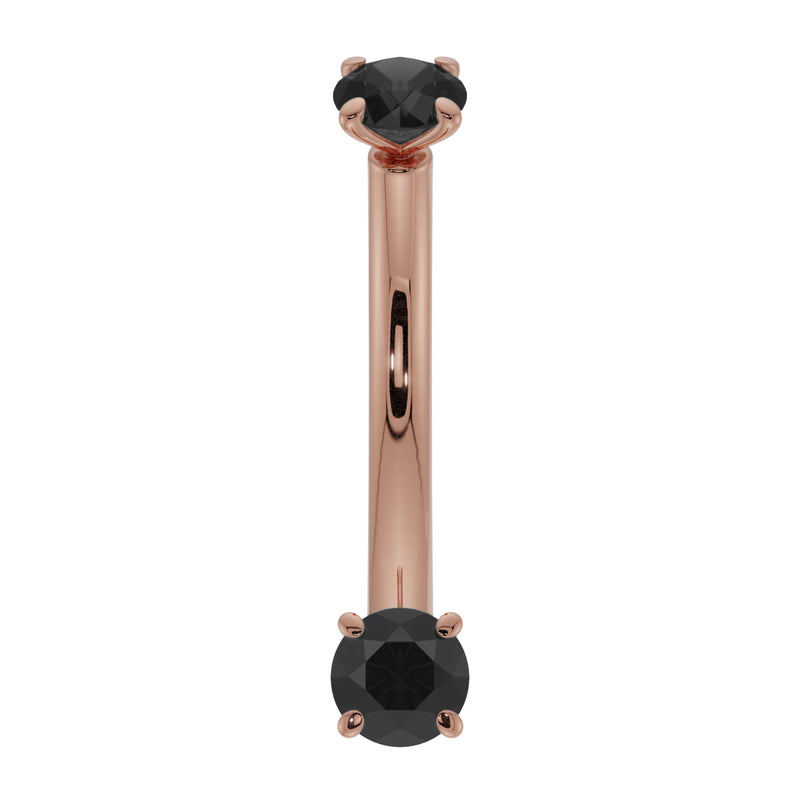 14k rose gold black diamond curved barbell, front view showing warm rose tone with prong ends