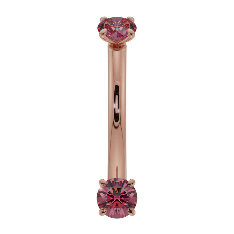 14k rose gold ruby prong-set curved barbell with dual red rubies, front view