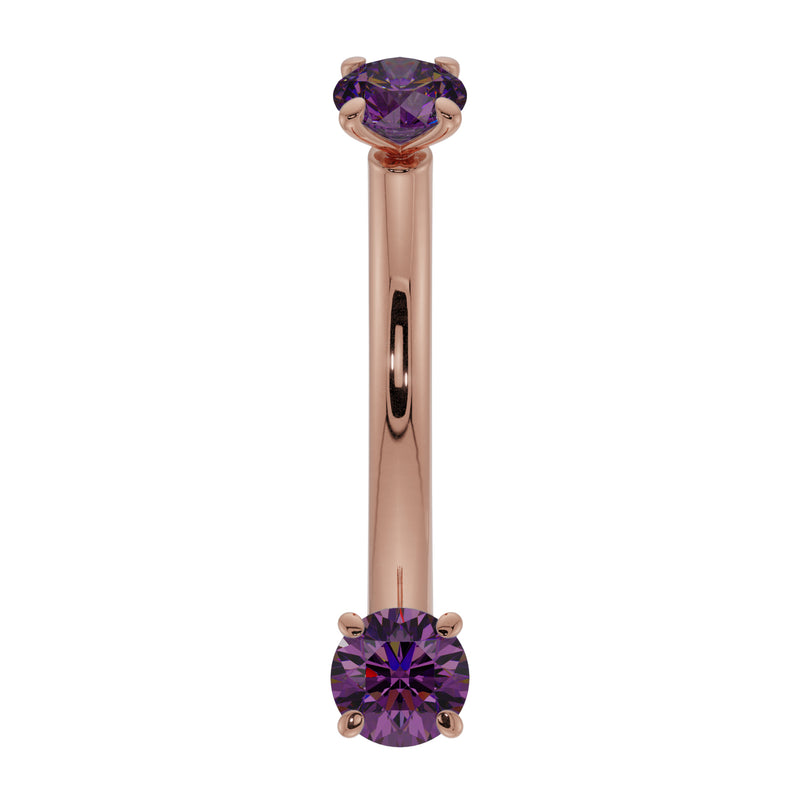 14K rose gold amethyst curved barbell with dual prong-set purple stones, front view