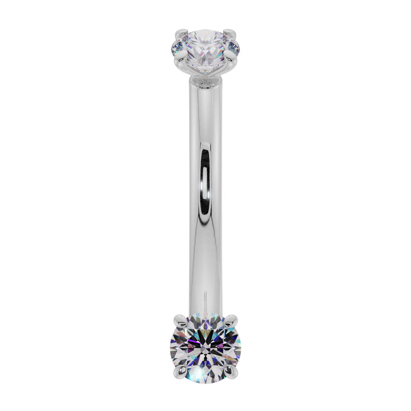 14k white gold diamond prong-set curved barbell, front view with sparkling round diamonds