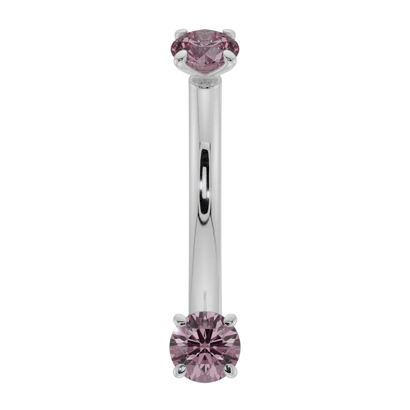 14k white gold pink sapphire prong-set curved barbell, front view showing silver-tone bar