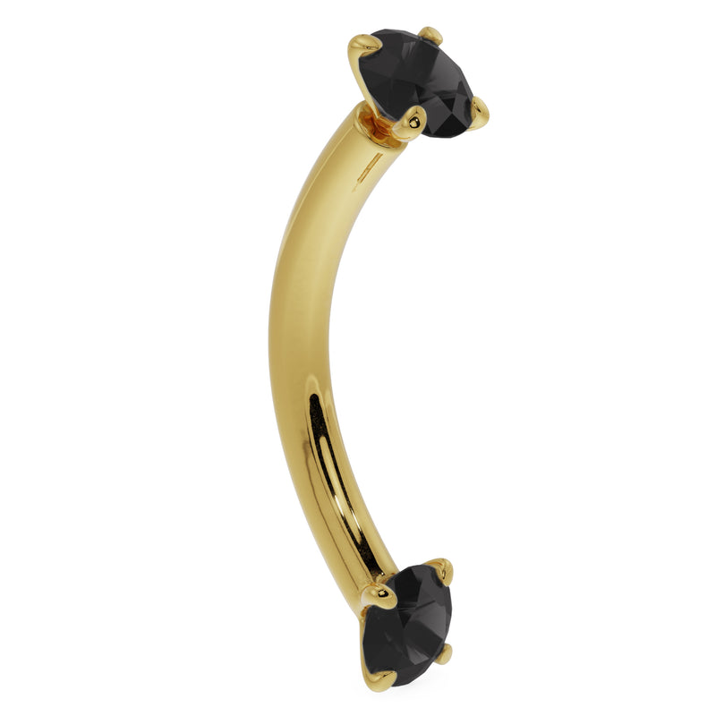 14k yellow gold black diamond curved barbell, side profile showing graceful banana curve