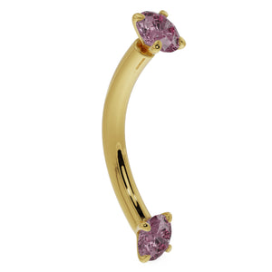 14k yellow gold pink sapphire prong-set curved barbell, angled side view showing curve