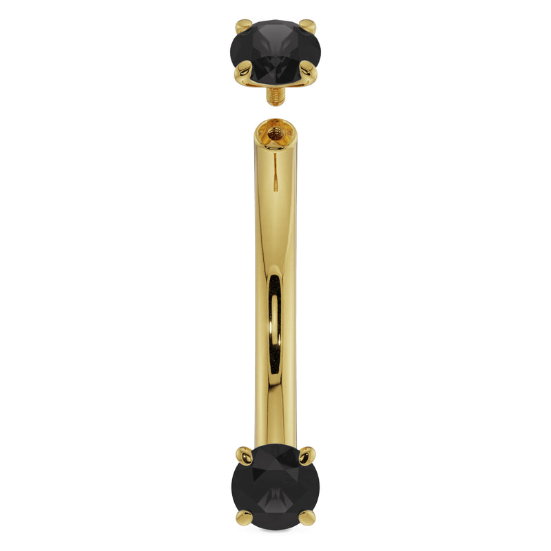 14k yellow gold black diamond curved barbell with top end removed showing internal threading