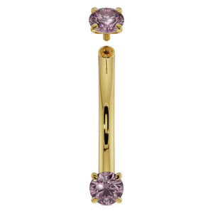 14k yellow gold pink sapphire curved barbell with top ball detached, showing threaded post