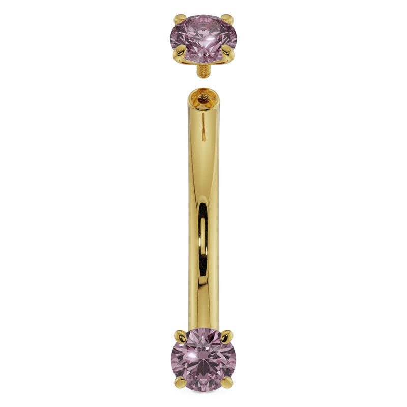 14k yellow gold pink sapphire curved barbell with top ball detached, showing threaded post