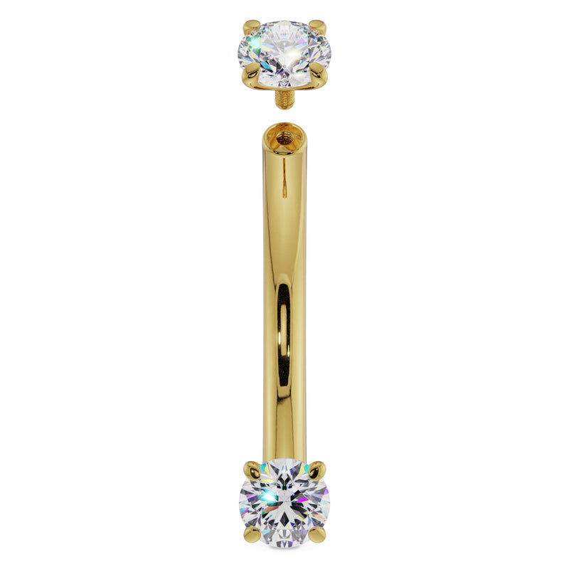 14k yellow gold 16G curved barbell with top ball removed showing threaded post and prong-set diamonds