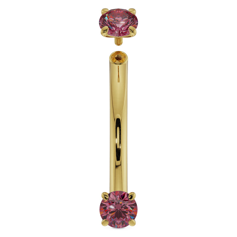 14k yellow gold ruby curved barbell with threaded top ball removed, showing screw post detail