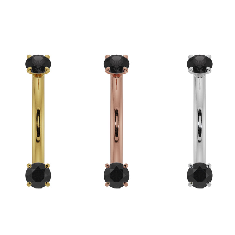Black diamond curved barbell shown in all three 14k gold options: yellow, rose, and white gold