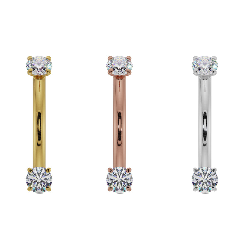 Side-by-side comparison of 14k yellow gold, rose gold, and white gold diamond curved barbells