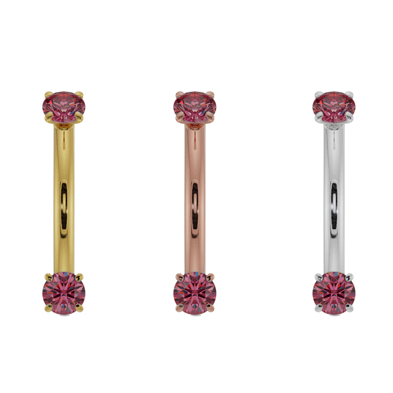 Ruby prong-set curved barbell in all three metal options: 14k yellow, rose, and white gold side by side