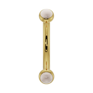 14k yellow gold pearl bezel-set curved barbell, front view showing dual pearl ends