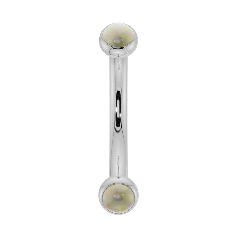 14k white gold opal bezel-set curved barbell with iridescent 2mm opal ends, front view