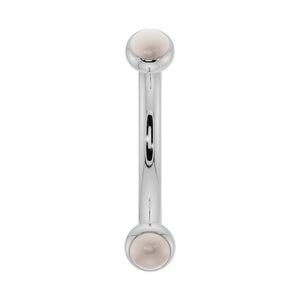14k white gold pearl bezel-set curved barbell, front view with cool-toned finish
