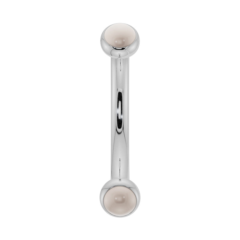 14k white gold pearl bezel-set curved barbell, front view with cool-toned finish