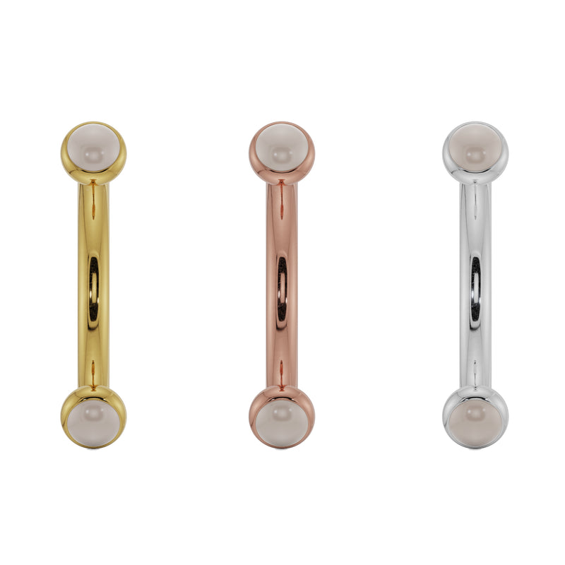 Pearl bezel curved barbell in all three 14k gold colors: yellow, rose, and white gold side by side
