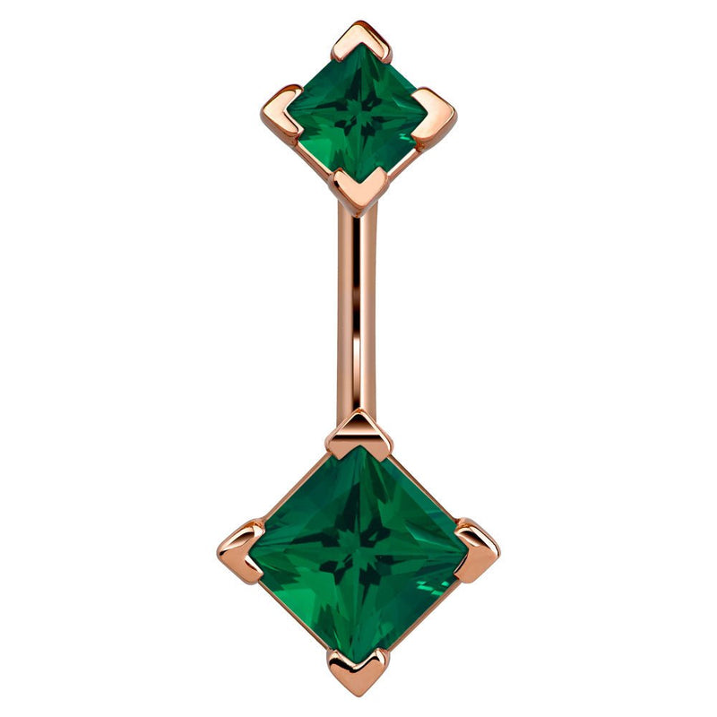 14k rose gold belly ring with double dark green princess-cut CZ gems in four-prong settings, front view