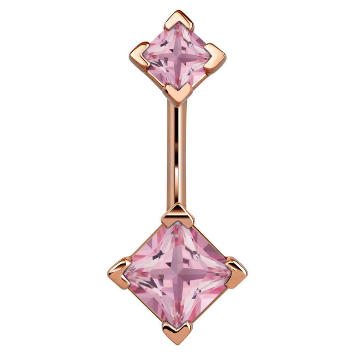 Double Princess Cut 14k Gold Belly Button Ring-14k Rose Gold   Pink