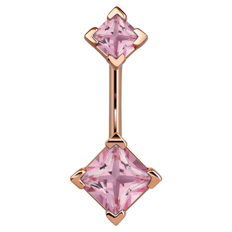 14k rose gold navel ring with double pink princess-cut CZ gems complementing warm rose metal, front view