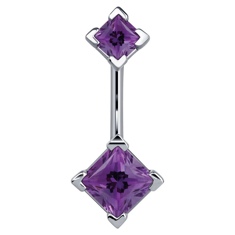 14k white gold navel ring with double purple princess-cut CZ gems in four-prong settings, front view