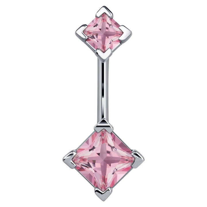 Double Princess Cut 14k Gold Belly Button Ring-14k White Gold   Pink