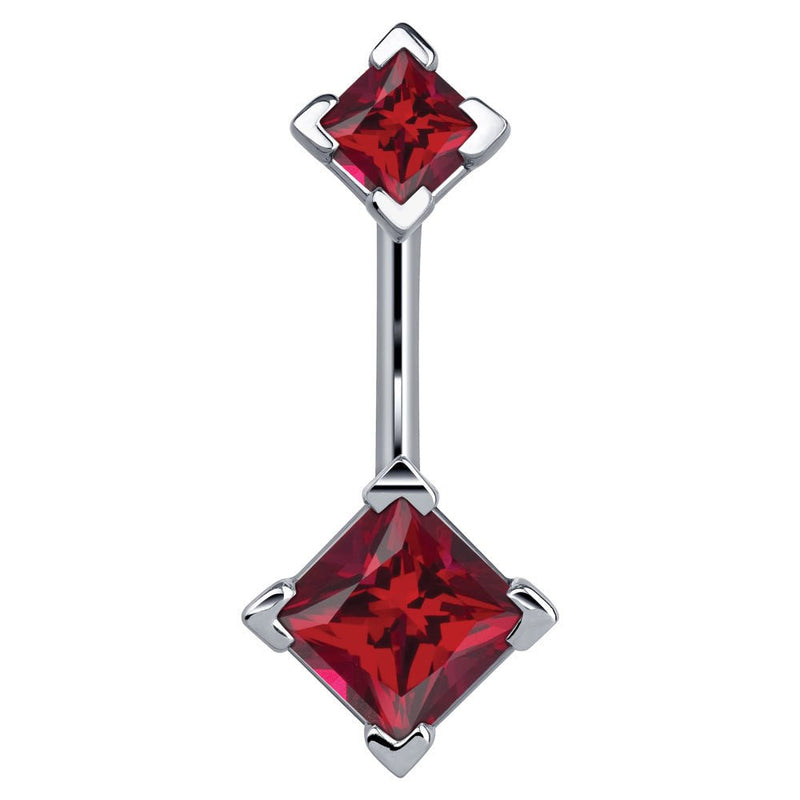 14k white gold belly ring with double red princess-cut CZ gems in four-prong settings, front view