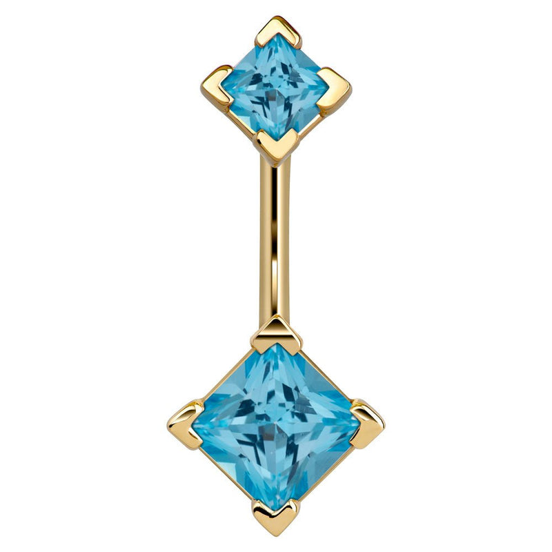 14k yellow gold belly ring with double light blue princess-cut CZ gems in four-prong settings, front view