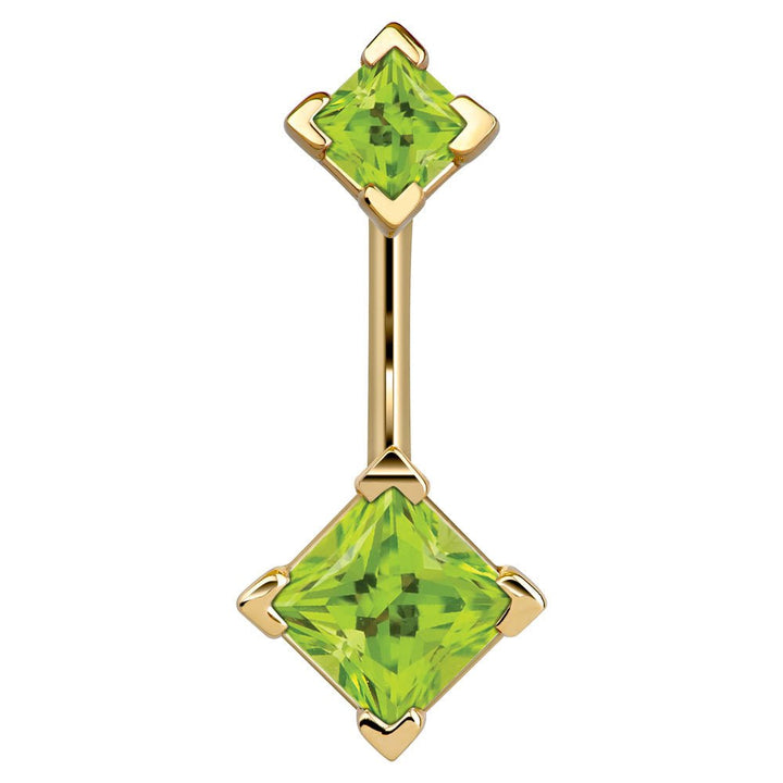 Double Princess Cut 14k Gold Belly Button Ring-14k Yellow Gold   Light Green
