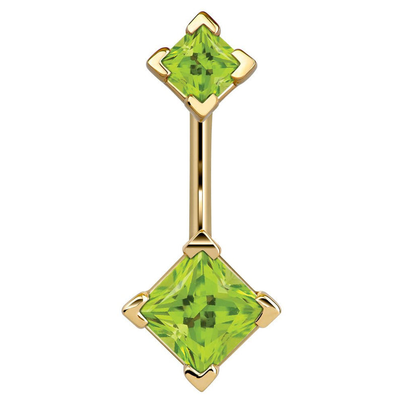 14k yellow gold belly ring with double light green princess-cut CZ gems in four-prong settings, front view