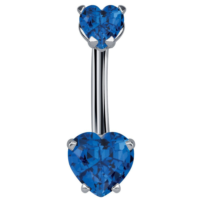 14k white gold belly ring with dual sapphire blue CZ heart stones in prong settings, front view