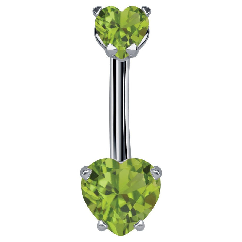 14k white gold belly ring with dual light green CZ heart stones in prong settings, front view